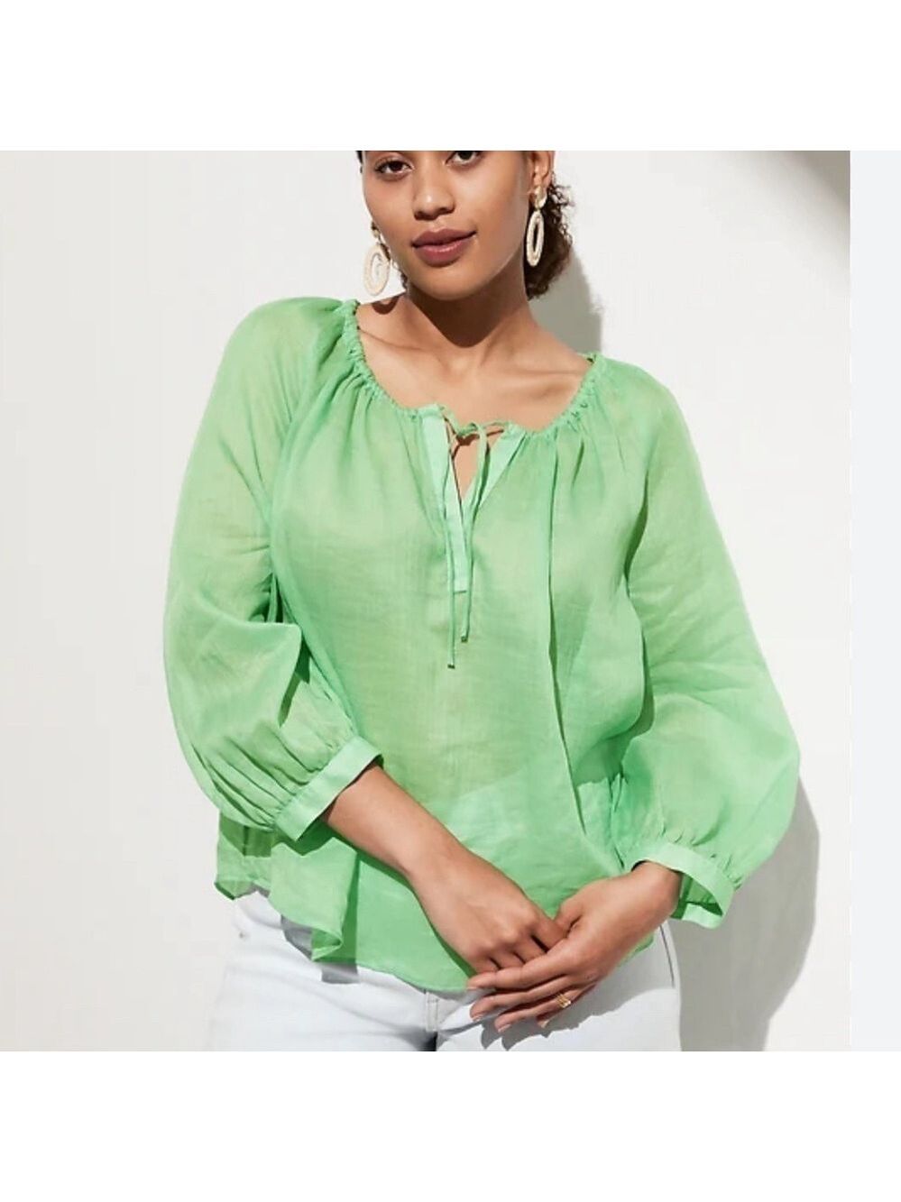 Banana Republic Green Ramie lightweight tie front balloon sleeves blouse Small